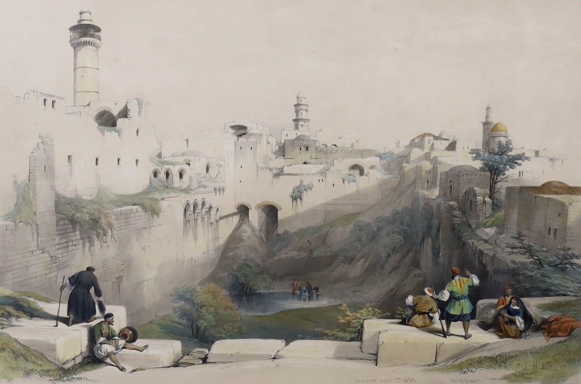 David Roberts RA (British, 1796-1864), 'The Pool of Bethesda, 'Tiberias', 'The Ravine', 'Jerusalem from the Mount of Olives', 'Engedi' and 'Convent of the Terra Santa Nazareth', six hand coloured lithographs, largest 39